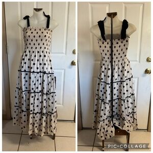 Large Aaron & Amber Beige/Black Dots Aston Smocked Bodice Midi Dress. In EUC!